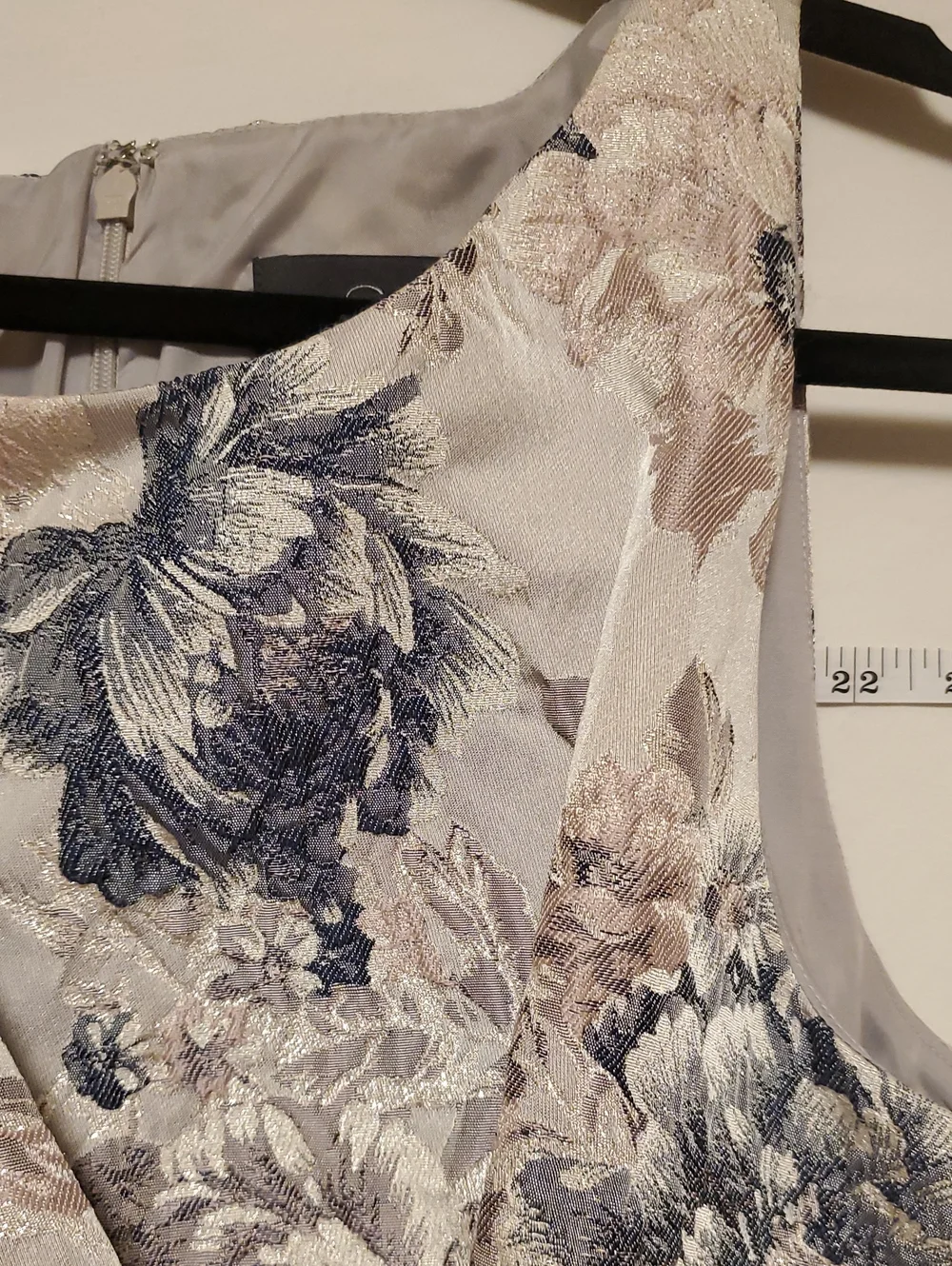 Adrianna Papell Silver Maxi Dress with Navy Floral Jacquard Sz 14